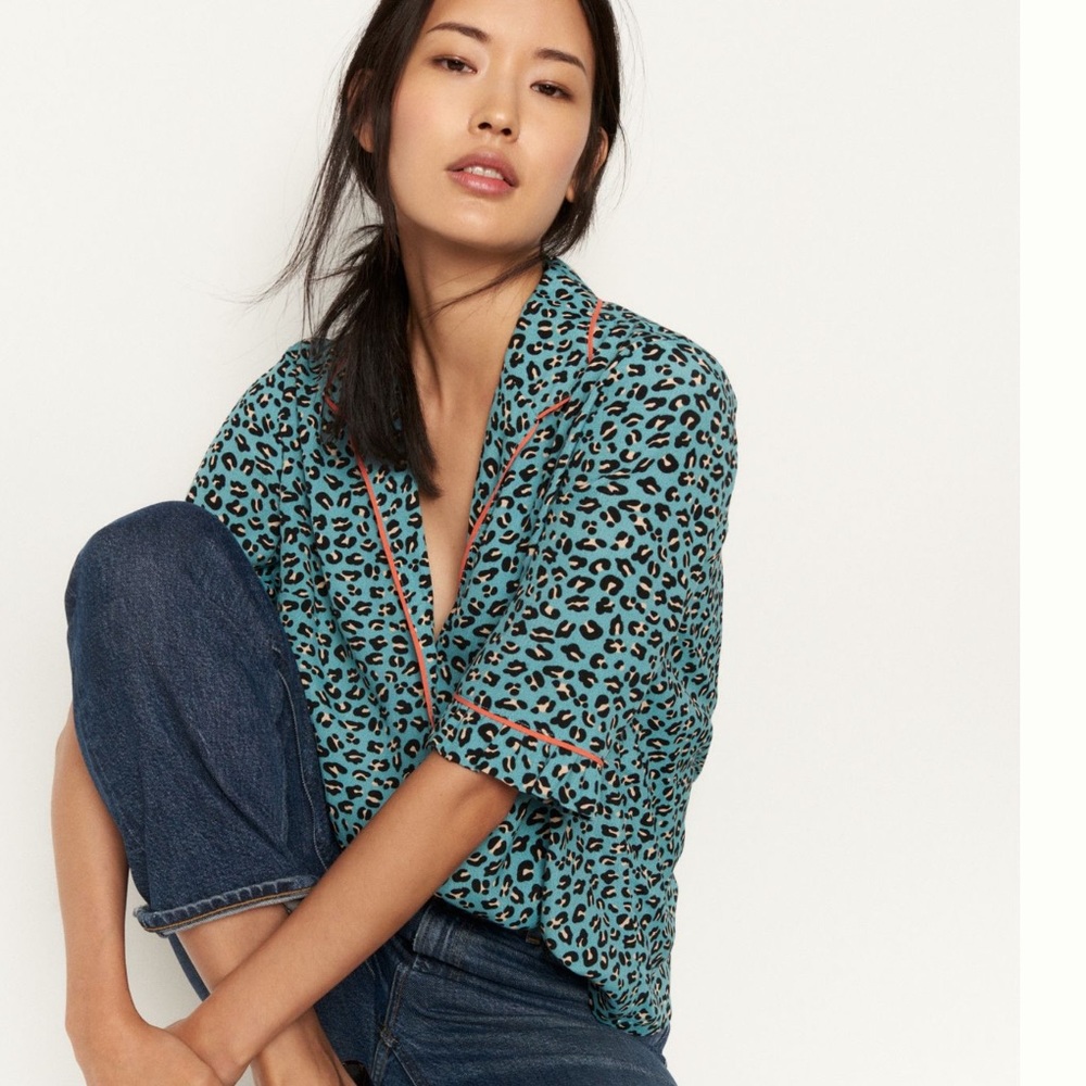 Anthropologie Porridge Selina Button down blouse leopard print green motif XS